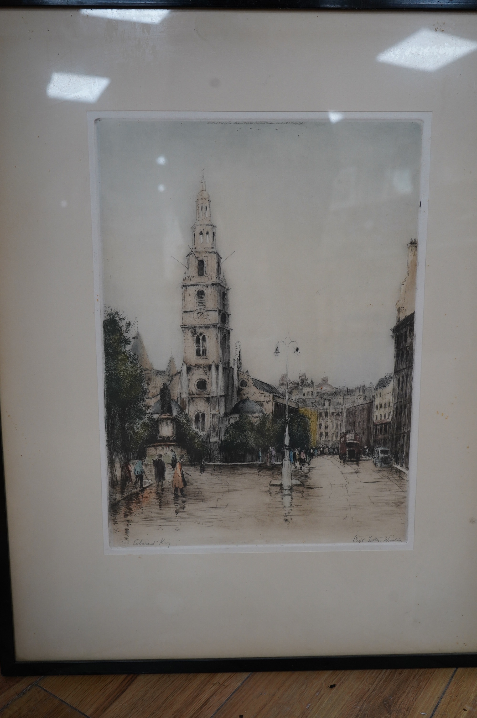 Edward King (1862-1951), a set of four colour etchings, including ‘Bow Church, Cheapside’ and ‘Westminster Abbey’, each signed in pencil, blind stamped, with the museum galleries labels verso, each 29 x 39cm. Condition -